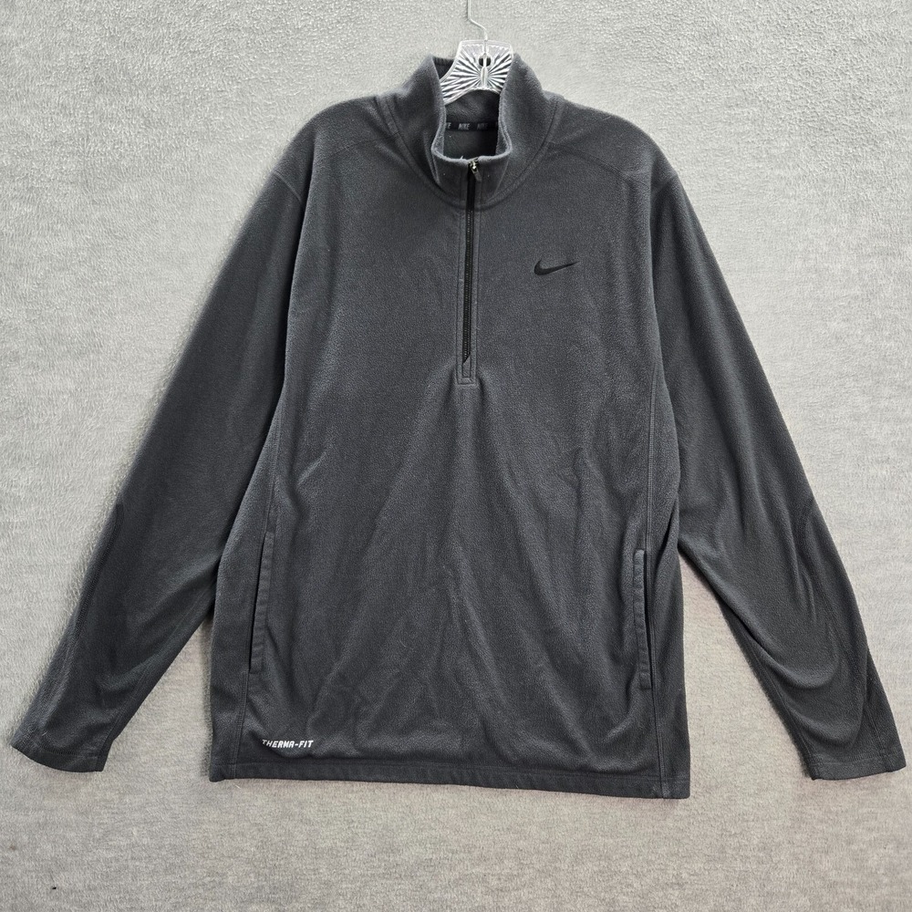 Nike Men Sweatshirt Large Gray 1/2 Zip Swoosh Logo Therma Fit‎ Pockets Pullover